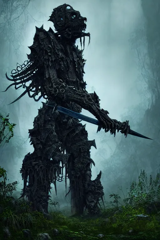 Prompt: post - gothic giant creepy chimera, exoskeleton armor, holding katana, dystopian ruins covered in vegetation, highly detailed smooth digital art masterpiece, vitaly bulgarov giger dramatic dark blue light, ground angle hd 8 k, sharp focus