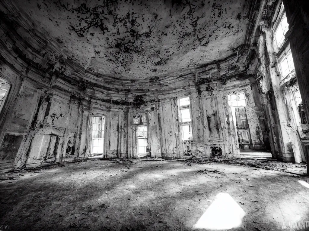 Image similar to photography of inside of an abandoned old opera fitlh and grim apex, creepy, dark atmosphere, ray of sun from the rooftop, wide angle, 1 6 mm lens fujifilm, grainy film