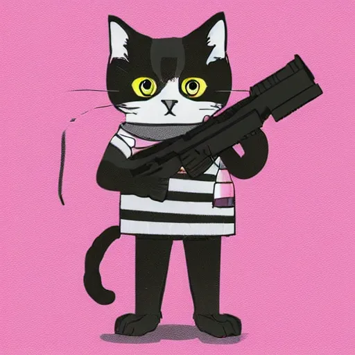 Prompt: cute grey cat with white stripes plays apex legends, holding gun, comic style, pink background