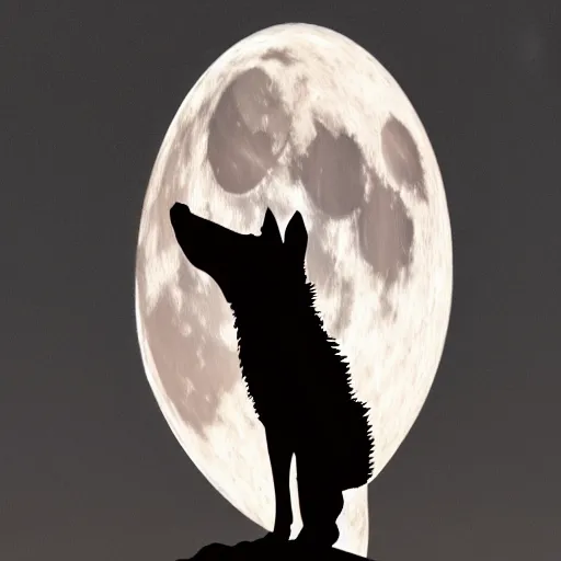 Image similar to a howling wolf made of black smoke contrasting with a full moon, cinematic lighting, 8 k, fantasy