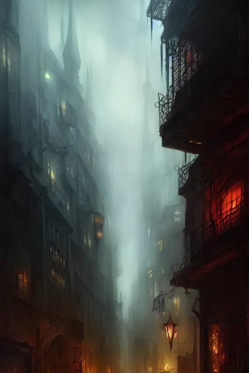 Image similar to fantasy city with dark alleyways highly detailed, digital painting, concept art, matte, sharp focus, watercolor illustration, art by j w turner and roberto ferri, epic fantasy, moody, dark mood, digital painting