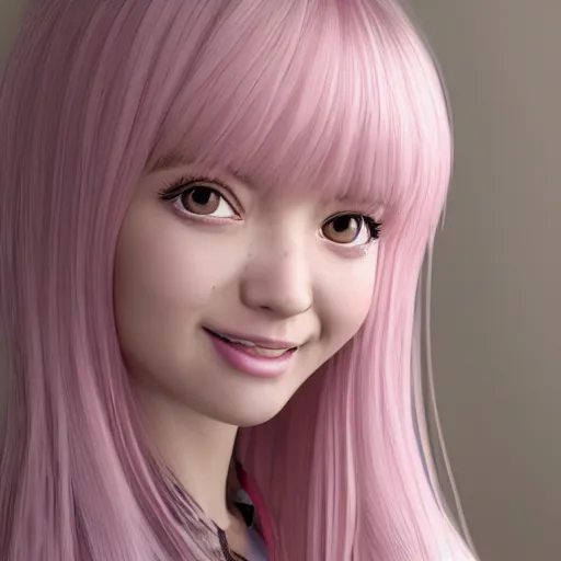 Image similar to Render of Nikki from Shining Nikki Dress-Up Game, a cute 3D young woman, long light pink hair, full bangs, full round face, hazel amber eyes, pale skin, cute freckles, light blush, Chinese heritage, smiling softly, wearing casual clothing, interior lighting, cozy living room background, medium shot, mid-shot, hyperdetailed, trending on Artstation, Unreal Engine 4k