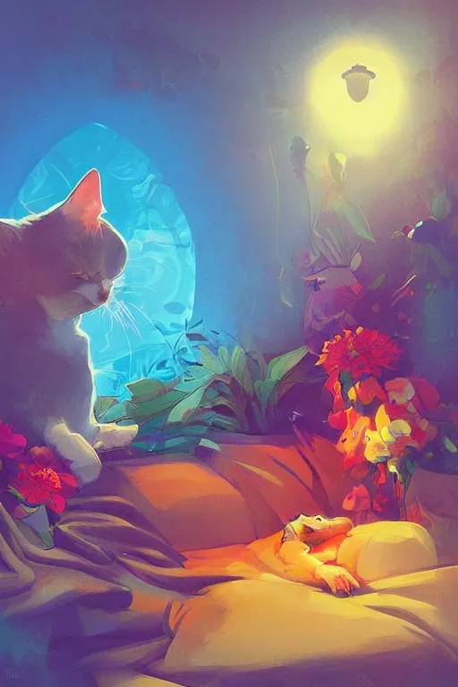 Image similar to a digital art of a cat sleeping in the room with flowers around in the afternoon, the sun shines in, animal, light effect, highly detailed, by anton fadeev