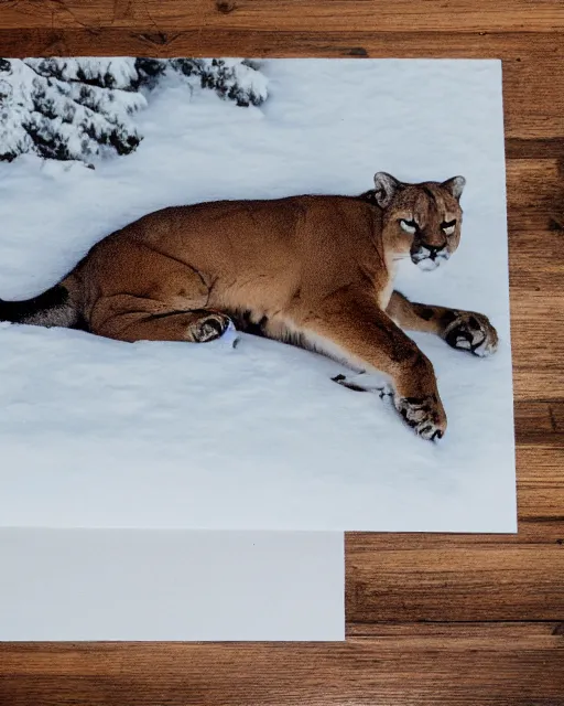 Prompt: ripped up apostcard showing 'a cougar sleeping in the middle of snowy pine tree' laying on coffee table, zoomed out shot, HD, iphone capture