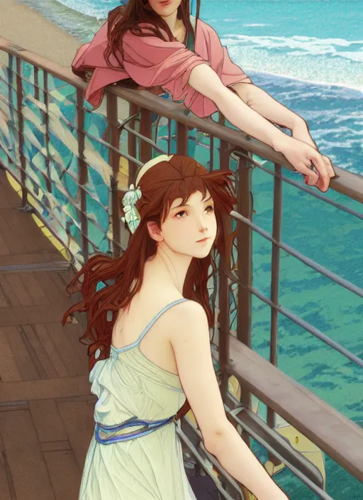 Image similar to pretty young woman leaning against the railing at the beach, path traced, highly detailed, high quality, digital painting, by studio ghibli and alphonse mucha, leesha hannigan, makoto shinkai, disney