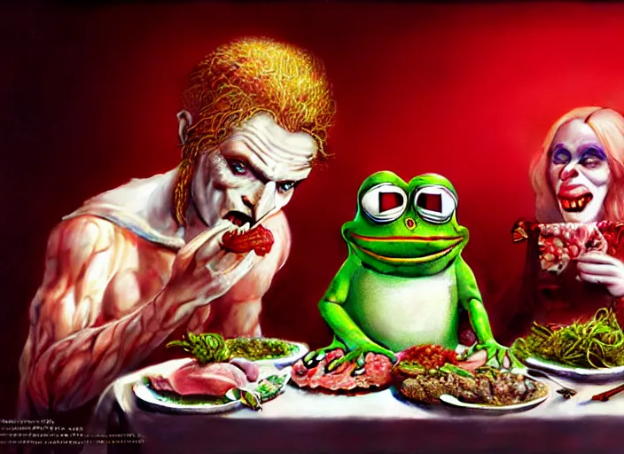 Prompt: hyper realistic detailed image of pepe the frog bride and vampire clown groom in intalian trattoria eating raw meat ground beef and various red drinks, by ayami kojima, amano, beeple, greg hildebrandt, and mark brooks, mystical, rich deep colors, cinematic light, long cinematic shot, extremely detailed, very coherent symmetrical artwork, 8 k