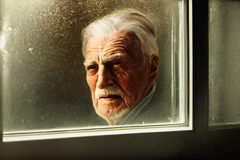 Prompt: a cinematic painting of the a beautiful old man through a steamed up glass window, beautiful lighting, high depth, ultra realistic, artistic, by annie leibovitz