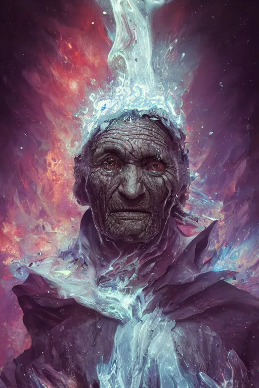Image similar to the look of an elderly person, necromancer, witch - doctor covered with ice exploding into fire, full of wrinkles and imperfections, highly detailed, high contrast, light reflection, trippy, nebula, trending on artstation by artgem and greg rutkowski, by peter mohrbacher, wlop, ruan jia