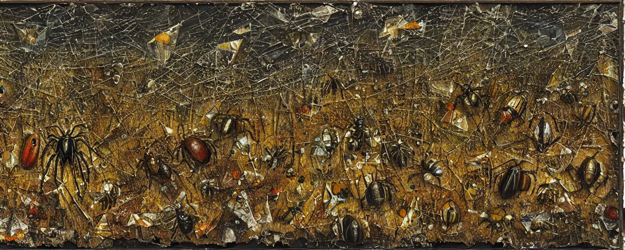 Image similar to strange giant insects, beetles, spiders and flies, swarming in a cornfield, oil painting by max ernst and anselm kiefer, decay, mixed media, textured, sharp focus, highly detailed, photographic emulsion cracked and peeling, rust, cinematic lighting, 8 k, hd