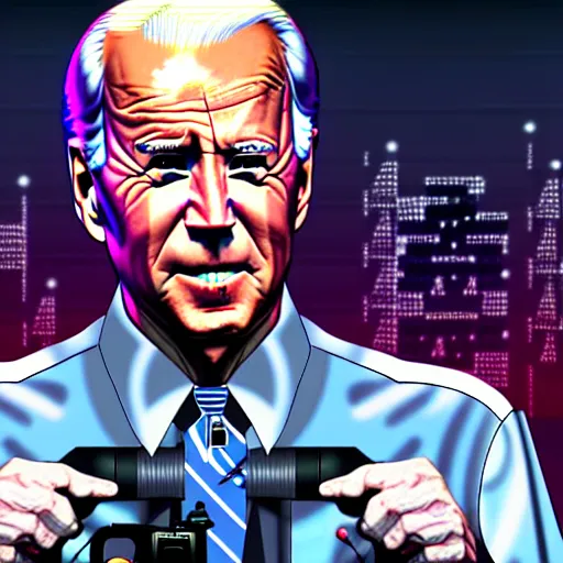 Prompt: Joe Biden, in GTAV, reimagined as a cyberpunk dystopia, 4k highly detailed digital art 4k highly detailed digital art