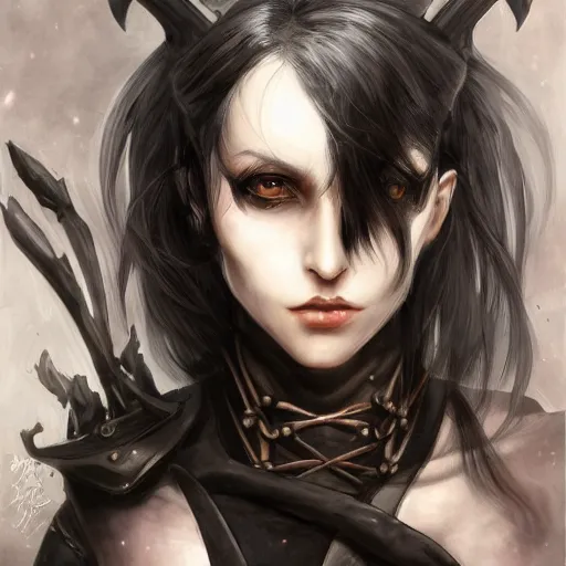 Image similar to portrait of a female dark elf by ayami kojima, she is about 2 0 years old, american, black hair, introvert, she is wearing a modern witch tactical gear, scifi, highly detailed portrait, digital painting, artstation, concept art, smooth, sharp foccus ilustration, artstation hq