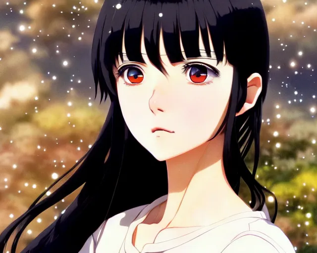 Image similar to beautiful anime girl with black hair, fine details portrait, bokeh. anime masterpiece by Studio Ghibli. illustration, sharp high-quality anime illustration in style of Ghibli, Ilya Kuvshinov, Artgerm