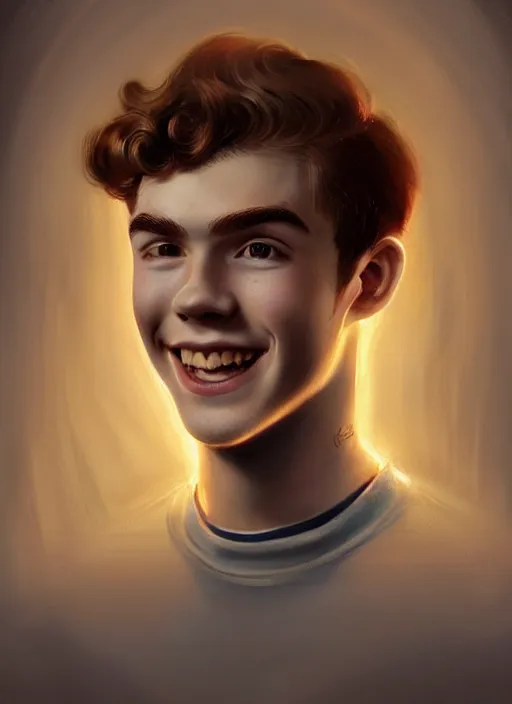 Image similar to portrait of teenage archie andrews, freckles, curly middle part haircut, curly hair, smiling kindly, friendly, 1 9 5 0 s, intricate, elegant, glowing lights, highly detailed, digital painting, artstation, concept art, smooth, sharp focus, illustration, art by wlop, mars ravelo and greg rutkowski