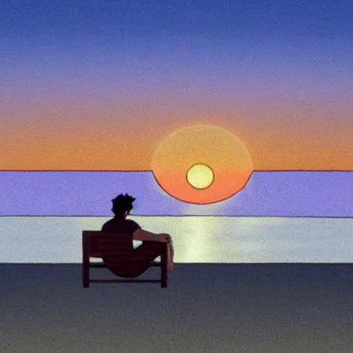 Image similar to a man sitting by the beach watching the sunset, by Studio Ghibli