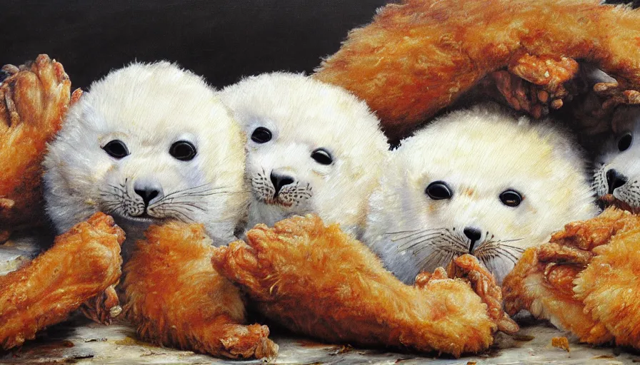 Image similar to highly detailed painting of cute furry white baby seals cuddling up in a big pile of fried chicken by william turner, thick brush strokes and visible paint layers, 4 k resolution