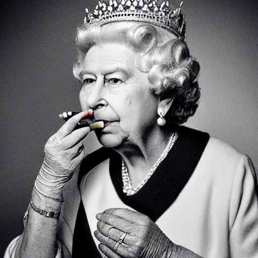 Prompt: portrait of the queen of england with a lit cigarette in her mouth while squinting, portrait, medium shot, gentle studio lighting, professional, tasteful