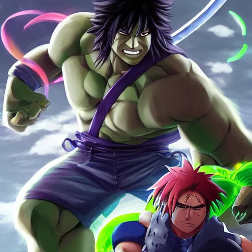 Image similar to epic anime battle between the sasuke and the incredible hulk, digital art, game art, character design, trending on artstation, ultra realistic, ultra detailed