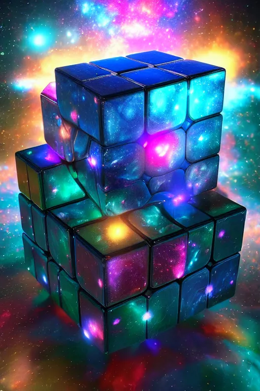 Image similar to four dimensional cosmic rubik's cube hypercube tesseract with wormholes, energy and galaxies around it. epic, dramatic, cinematic, digital art, octane render, blender, 8 k, hyperrealistic, trending on artstation