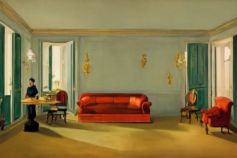 Prompt: beautiful furnished rococo apartment,evening light, in the style of Edward Hopper