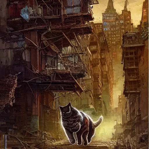 Image similar to gigantic cat walking on apocalyptic city, very detailed fine art, trend of artistation, style of jazinski and repin