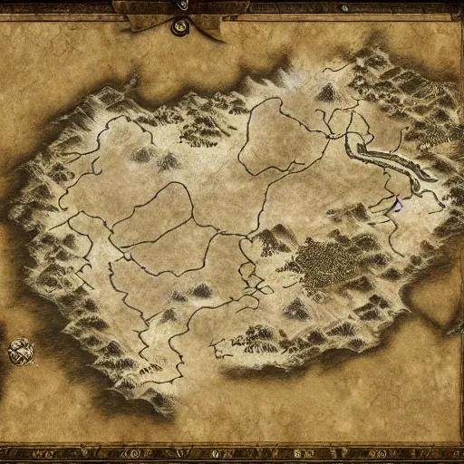 Prompt: Elder Scrolls Skyrim game screenshot of a large map on a table that is shaped like a fox