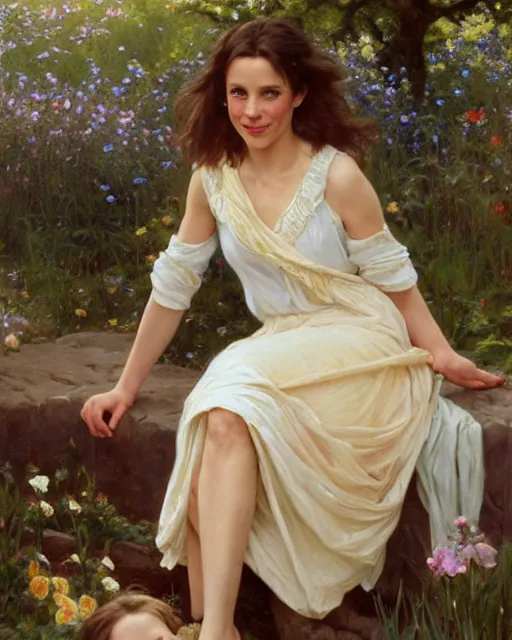 Image similar to a portrait painting of rachel lane / sabrina lloyd / perdita weeks / rachel mcadams / nicole de boer hybrid oil painting, gentle expression, smiling, elegant clothing, scenic background, extremely detailed and lifelike, artgerm, greg rutkowski, alphonse mucha, vladimir volegov, adolphe bouguereaum, jason edmiston