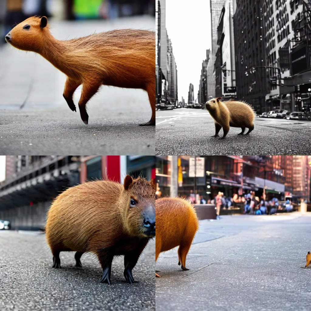 Prompt: Award Winning Photo Of A Capybara Walking In New York, 4K, Photorealistic