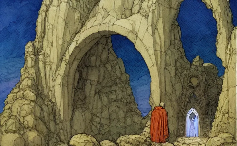 Image similar to a hyperrealist watercolour concept art of a dimensional time portal in the shape of a large rock arch. a medieval monk in grey robes is in the foreground. by rebecca guay, michael kaluta, charles vess and jean moebius giraud. high detail, hq, wide shot