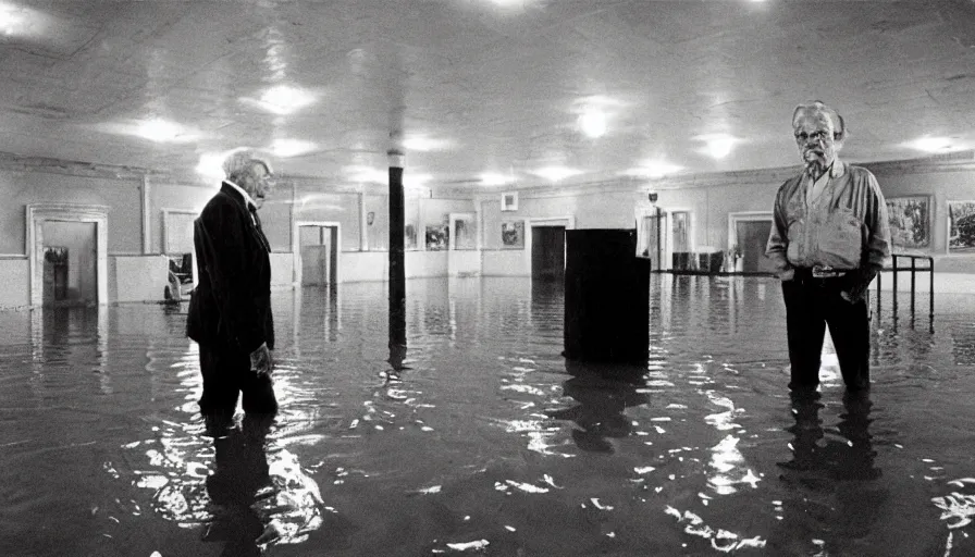 Prompt: 7 0 s movie still of an old man standing in a soviet ballroom flooded in mud, cinestill 8 0 0 t 3 5 mm eastmancolor, heavy grain, high quality, high detail