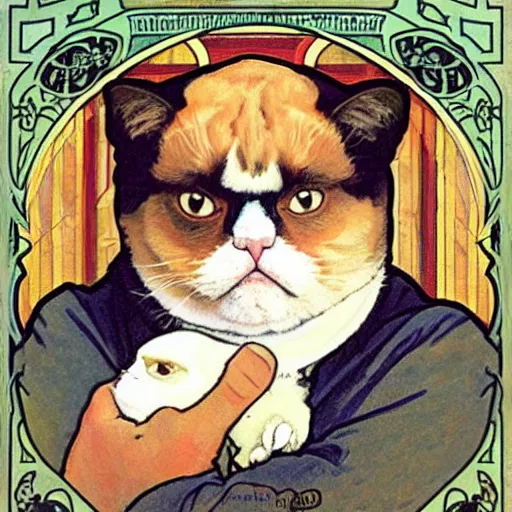 Prompt: “ portrait of george costanza from seinfeld holding grumpy cat, art nouveau, by alphonse mucha ”