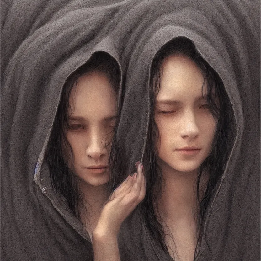 Image similar to Portrait of a young woman with dark hair wearing a hooded robe, non-centered shot, unique, intricate, elegant, highly detailed, digital painting, artstation, concept art, smooth, sharp focus, illustration and art by beksinski