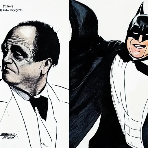 Image similar to Danny DeVito as the batman fighting George Clooney as the penguin