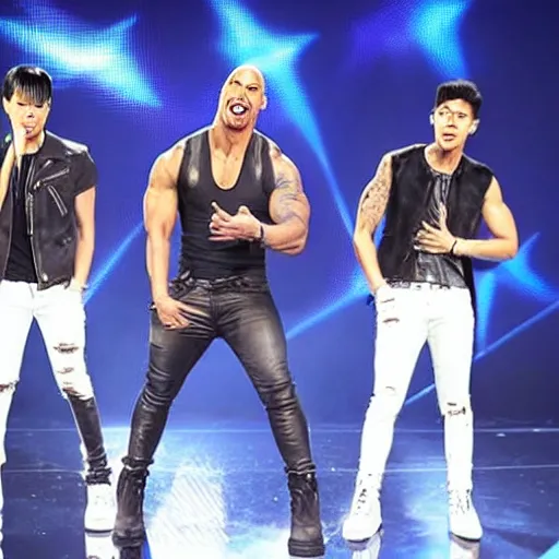 Prompt: the rock singing in a boy band, kpop, jpop, concert