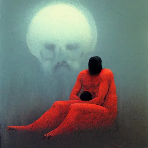 Image similar to a lonely man curled up with black smoke coming out of him, on a white snowy post apocalyptic field, surronded by floating red female heads, painting by beksinski