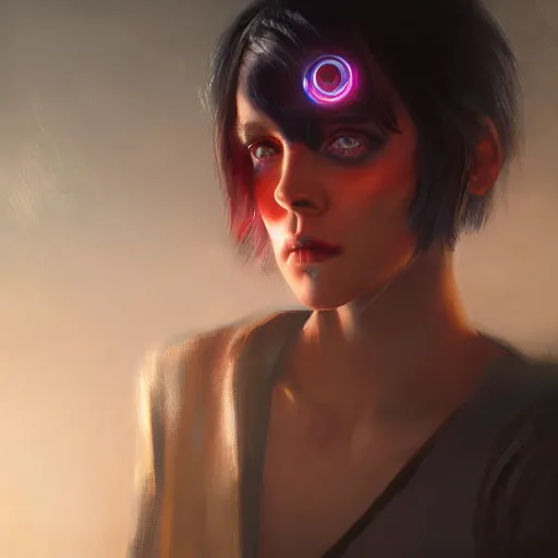 Image similar to close - up portrait of a young beautiful cyberpunk woman, mirror eye implants, short black hair, sunset, painted by seb mckinnon, high detail, digital art, painted by greg rutkowski, trending on artstation