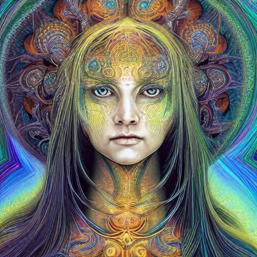 Prompt: perfectly centered portrait, front view of a beautiful biomechanical fractal mushroom goddess, female, flowing hair, intense stare, sweet smile, symmetrical, concept art, intricate detail, volumetric shadows and lighting, psychedelic colors, vibrant, realistic oil painting by gustave dore and alex grey,