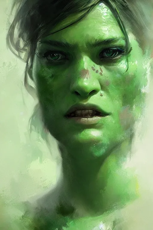 Image similar to green orc female, light green tone beautiful face, by greg rutkowski, by jeremy mann, digital painting