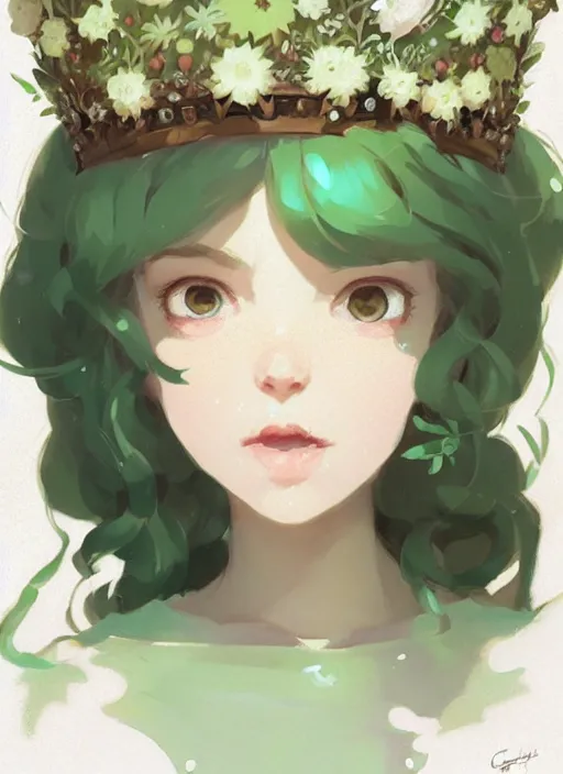 Image similar to portrait of cute fairy girl with crown of flowers fantasy, by atey ghailan, by greg rutkowski, by greg tocchini, by james gilleard, by joe gb fenton, by kaethe butcher, dynamic lighting, gradient light green, brown, blonde cream and white color in scheme, grunge aesthetic