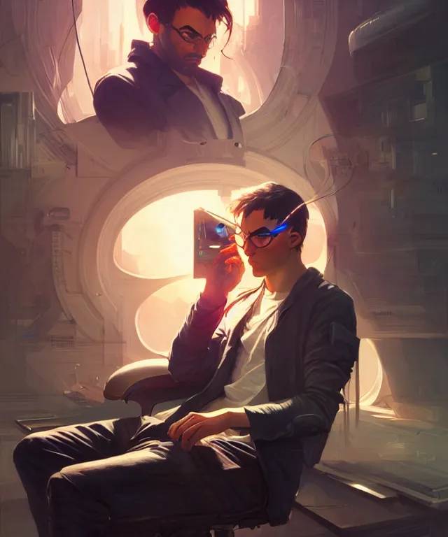 Image similar to Hacker man hacks computer, highly detailed, digital painting, artstation, concept art, smooth, sharp focus, illustration, art by artgerm and greg rutkowski and alphonse mucha