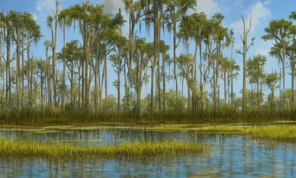 Prompt: A baldcypress marsh in the bayous of Louisiana, Cajun fishing village. Trending on Artstation. Illustration by Walt Disney