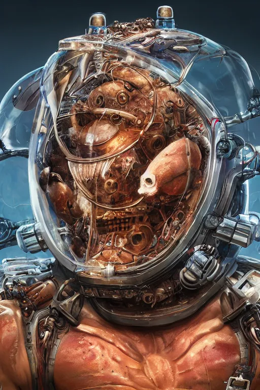 Prompt: a humanoid hamster in a closed helmet in a biopunk costume consisting of swollen muscles, tendons, bones joints, protruding pistons. masterpiece 4k digital illustration by Scott M. Fischer, award winning, Artstation, Akira aesthetic, black background, intricate details, realistic, Hyperdetailed, 8k resolution