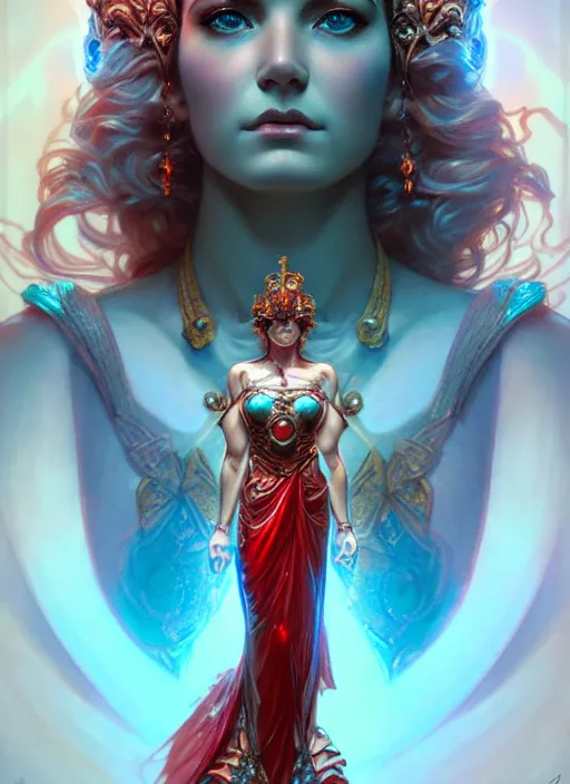 Prompt: the goddess hera looking angry, paper armour, volumetric lights, red and cyan theme, cute, intricate, elegant, highly detailed, digital painting, artstation, concept art, smooth, sharp focus, symmetric face, illustration, art by artgerm and greg rutkowski and alphonse mucha