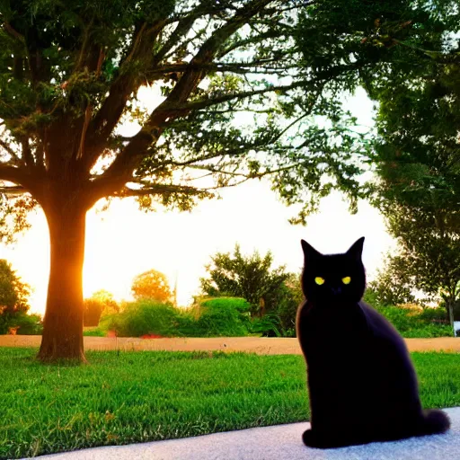 Image similar to a fluffy cute black cat sitting on the corner of a front yard outside in the late afternoon on a beautiful summer day, sunset