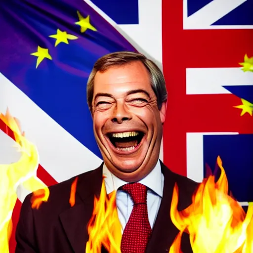 Image similar to nigel farage laughing holding burning eu flag, studio photograph, hd, studio