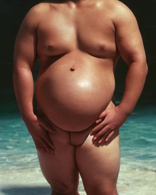 Prompt: photo of a heavily pregnant cute young asian male protagonist, big belly, exposed belly, muscular, on the beach, photo by annie leibovitz