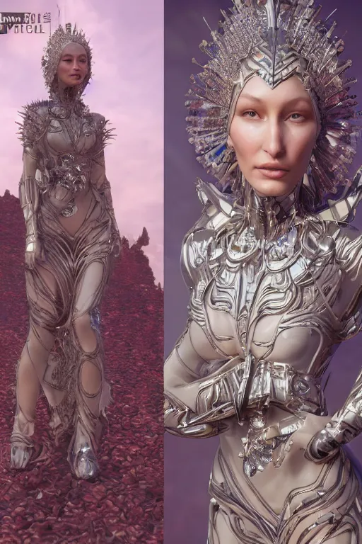 Prompt: a highly detailed 4 k render portrait of a beautiful tall alien goddess bella hadid in iris van herpen dress schiaparelli armor in diamonds and lots of jewelry in style of alphonse mucha trending on artstation made in unreal engine 4