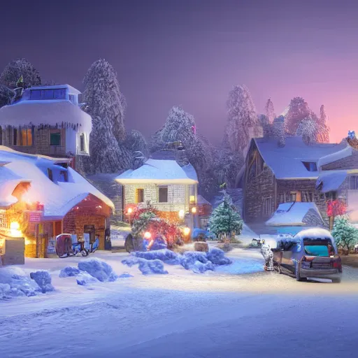 Prompt: a very realistic digital art rendering and concept design of a snowy village at dusk, with magnificent volumetric lighting, three dimensions, a digitally transformed environment, ui design, 3d modeling, illustration, and transport design