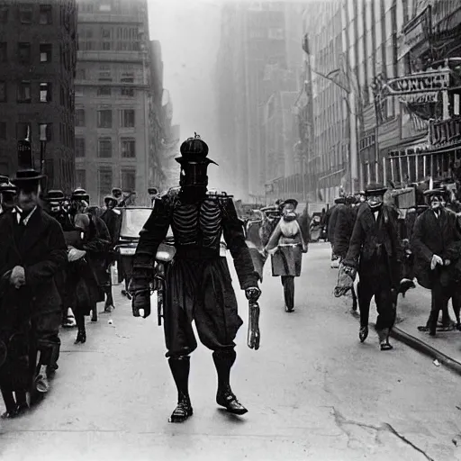 Prompt: old black and white photo, 1 9 1 3, depicting dieselpunk combat cyborg walking through the bustling streets of new york city, historical record