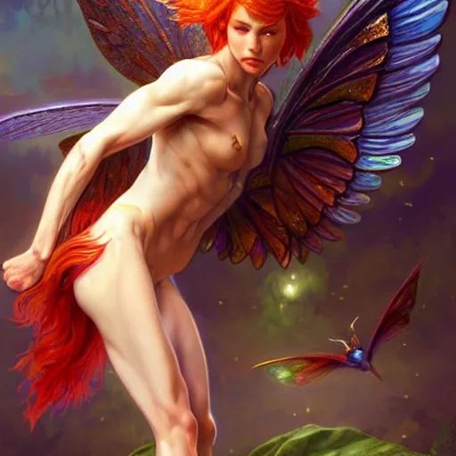 Prompt: beautiful natural fairy small winged redhead martial artist karate fey fae muscular body shortsword greek statue portrait, vivid colors, intricate, elegant, highly detailed, digital painting, artstation, concept art, smooth, sharp focus, illustration, art by artgerm and greg rutkowski and alphonse mucha and loish and wlop