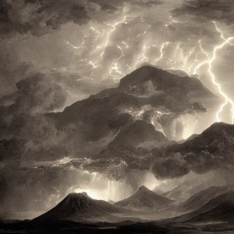 Prompt: volcano explosion lightning ash cloud tall mountain in the style of Ansel Adams, Thomas Cole and Gustave dore